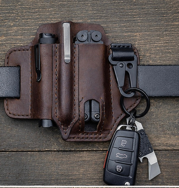 EDC Tactische leren gereedschapsriem met meerdere vakken, perfect voor het opbergen van multitools.