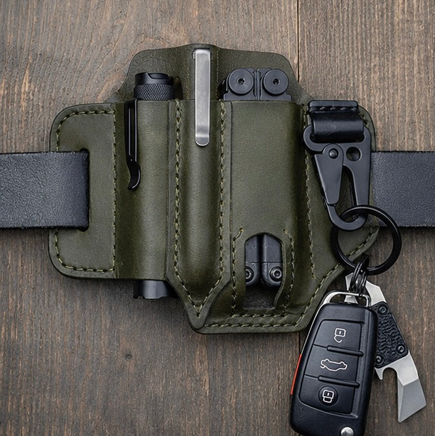 EDC Tactische leren gereedschapsriem met meerdere vakken, perfect voor het opbergen van multitools.