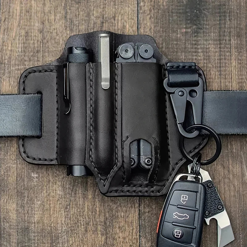 EDC Tactische leren gereedschapsriem met meerdere vakken, perfect voor het opbergen van multitools.