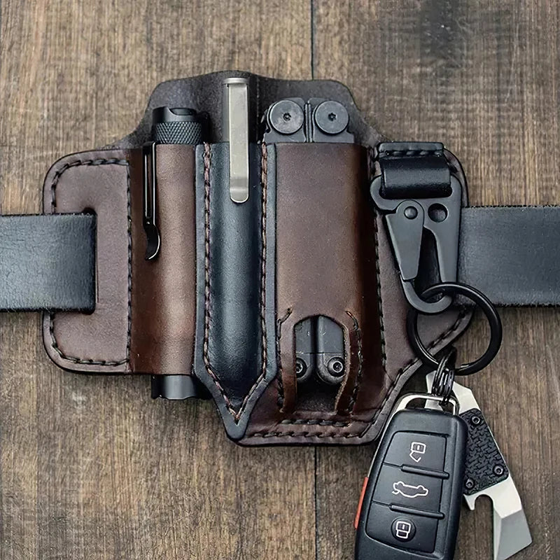 EDC Tactische leren gereedschapsriem met meerdere vakken, perfect voor het opbergen van multitools.