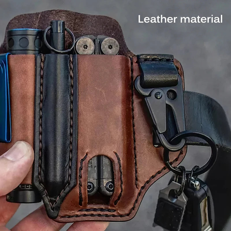 EDC Tactische leren gereedschapsriem met meerdere vakken, perfect voor het opbergen van multitools.