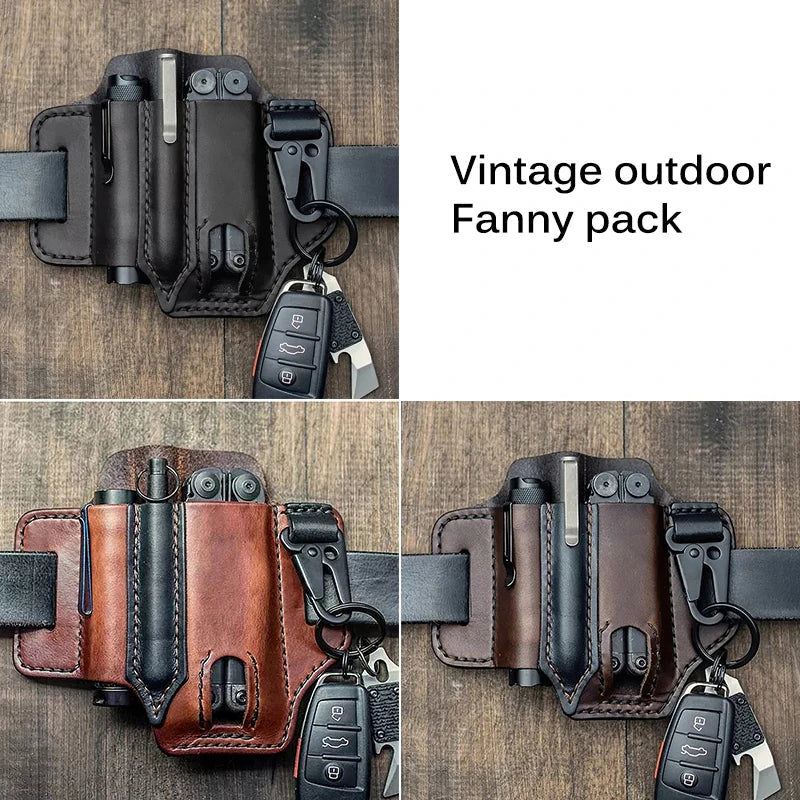 EDC Tactische leren gereedschapsriem met meerdere vakken, perfect voor het opbergen van multitools.