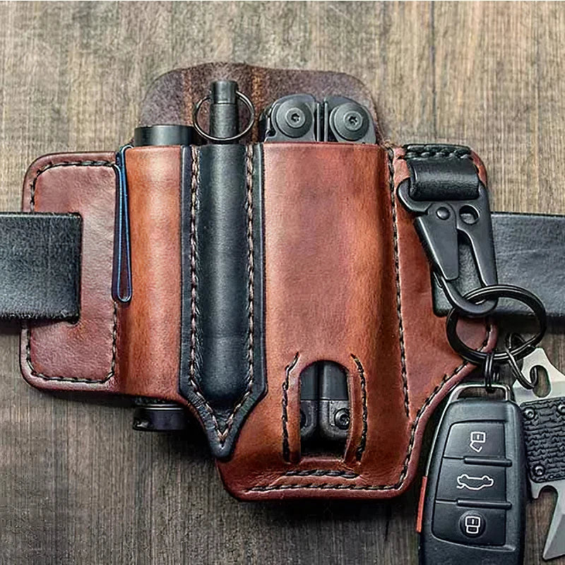 EDC Tactische leren gereedschapsriem met meerdere vakken, perfect voor het opbergen van multitools.