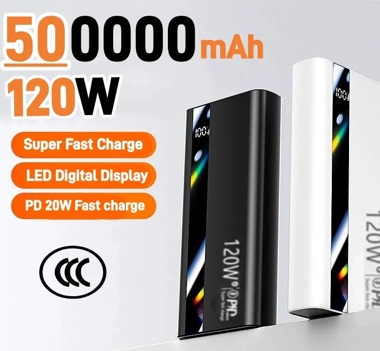 500.000mAh Powerbank met 120W snelladen, grote capaciteit, PD 20W, geschikt voor alle mobiele telefoons, lange gebruiksduur.
