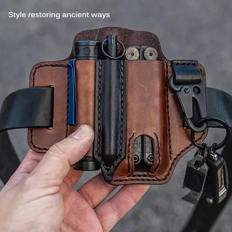 EDC Tactische leren gereedschapsriem met meerdere vakken, perfect voor het opbergen van multitools.